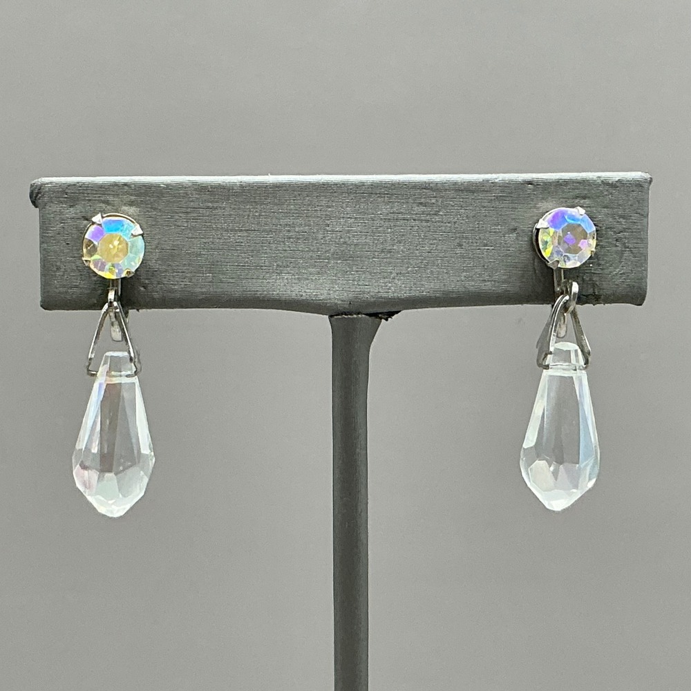 Vintage Dangle Earring Women Clear Aurora Borealis Crystal Glass Screw Back 8986